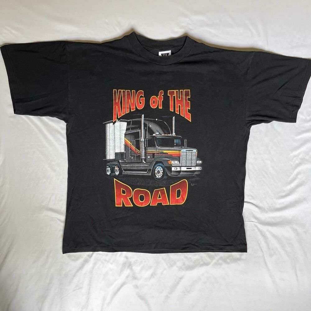 VTG 90s King Of The Road T Shirt Single Stitch XL Black 1992 Trucker Semi Truck